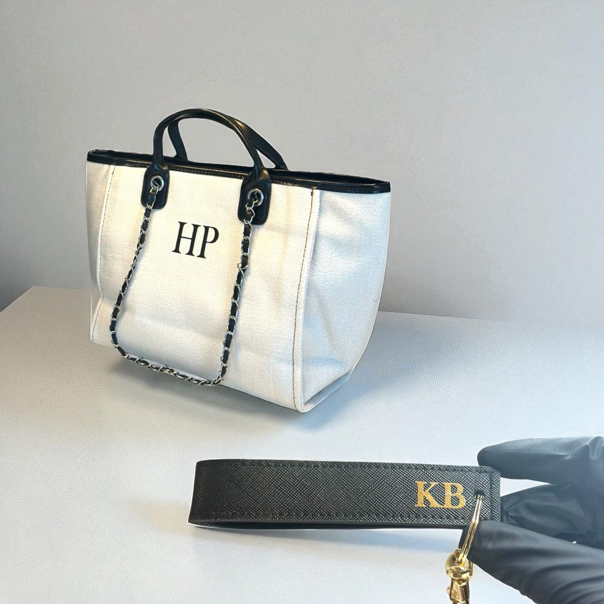 The On The Go Set - Cream + Black Wristlet W/ Gold Ring - SeriouslyPersonal